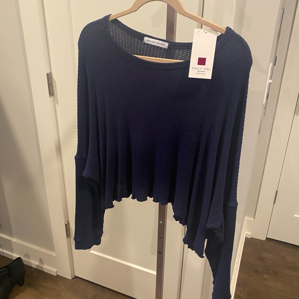 Emily Hsu Oversized Waffle Knit Crop Long Sleeve Top Navy Blue size Small